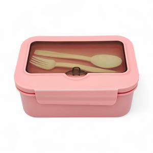 Dual Compartment Pink Bento Lunch Box with Utensil Storage & Transparent Lid