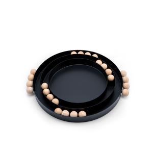 Modern Round Metal Tray with Wooden Bead Accents