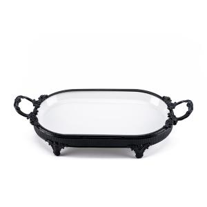 Oval serving tray with a matte black iron base
