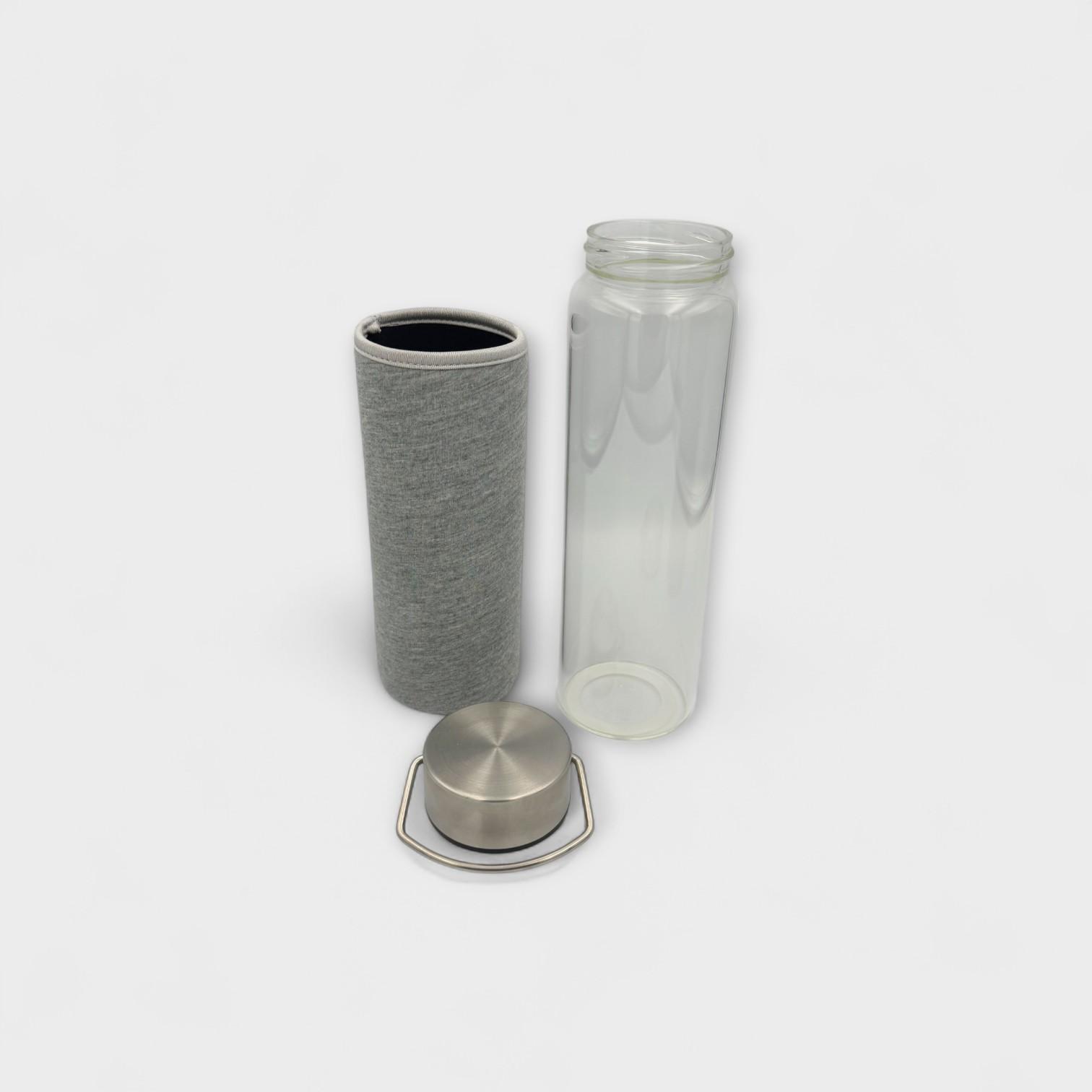 Elegant Glass Water Bottle with Grey Neoprene Sleeve & Steel Cap
