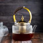 إبريق شاي زجاجي بتصميم متموج ومقبض خشبي -1200 مل