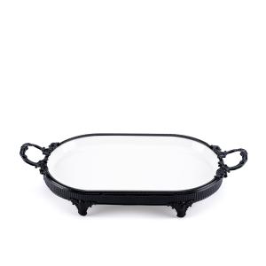 Oval serving tray with a matte black iron base