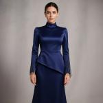 Women's Royal Blue Satin High Neck Dress with Beaded Sleeve Detail