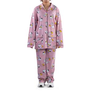 Women’s Snoopy & Woodstock Pajama Set –  Button-Up Top & Pants with All-Over Cartoon Print