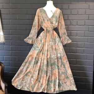 Watercolor Floral Wrap Maxi Dress with Flounce Sleeves & Smocked Waist