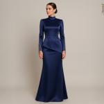 Women's Royal Blue Satin High Neck Dress with Beaded Sleeve Detail