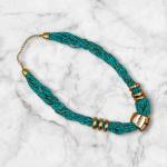 Braided Turquoise Seed Bead Necklace with Gold Metal Accents