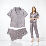 VIP Heart Print Satin Pajama Set with Short Sleeve Button Top and Full-Length Pants