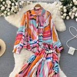 Abstract Colorblock Co-Ord Set with Button-Down Shirt & Pleated Maxi Skirt