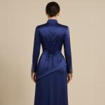 Women's Royal Blue Satin High Neck Dress with Beaded Sleeve Detail