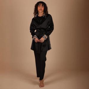 Ladies Tunic Belted Shirt with Printed Contrast Collar and Cuffs