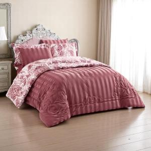 Mora Spain Vintage Rose 6-Piece Comforter Set – Striped Satin with Damask Print Reversible Layer (Lena)