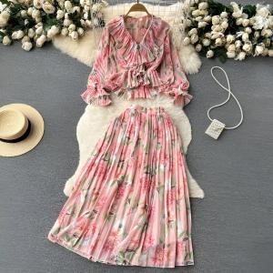 Pleated Floral Co-Ord Set with Ruffle Detail Blouse & Elastic Waist Maxi Skirt