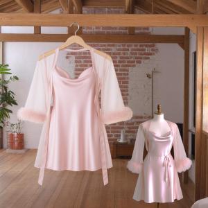 VIP Sheer Mesh Robe and Satin Cowl Slip Dress Set with Faux Fur Cuffs