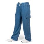 Relax Fit Denim Cargo Pants with Drawstring Waist & Side Flap Pocket