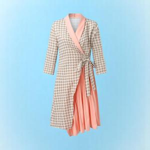 Women's Wrap Dress with Check Print, Pleats & Shawl Collar