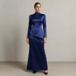 Women's Royal Blue Satin High Neck Dress with Beaded Sleeve Detail